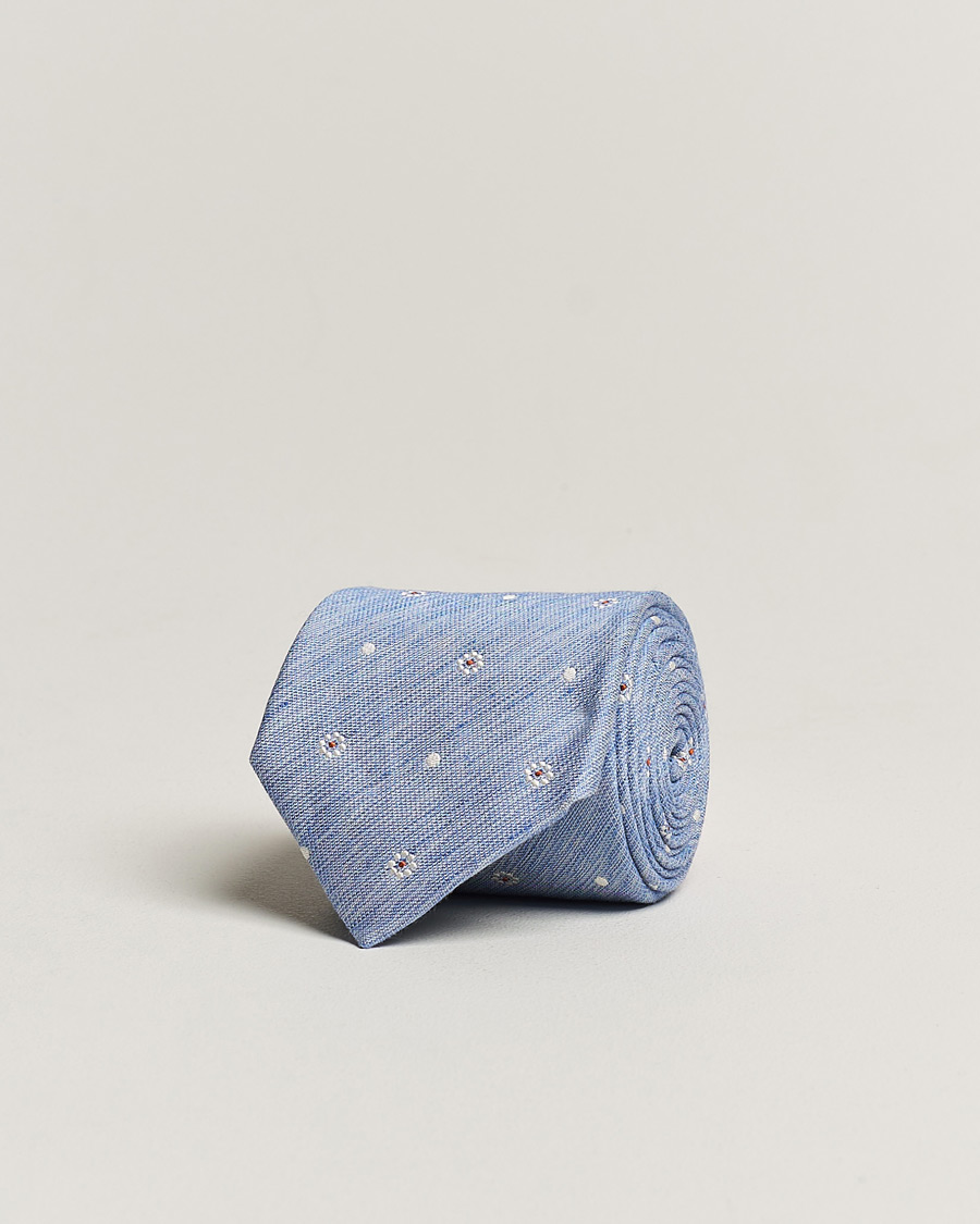 Homme | Amanda Christensen Cotton/Silk/Linen Printed Flower 8cm Tie Blue | Amanda Christensen | Cotton/Silk/Linen Printed Flower 8cm Tie Blue