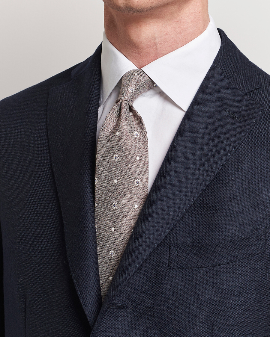 Homme | Cravates | Amanda Christensen | Cotton/Silk/Linen Printed Flower 8cm Tie Brown