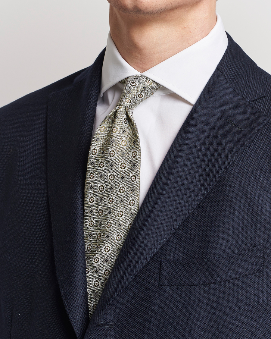Homme | Cravates | Amanda Christensen | Linen/Silk Printed Flower 8cm Tie Green