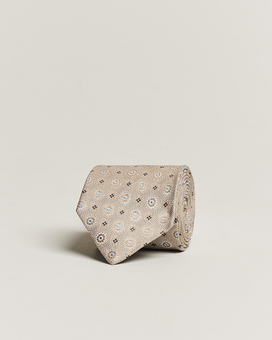 Homme | Amanda Christensen Linen/Silk Printed Flower 8cm Tie Beige | Amanda Christensen | Linen/Silk Printed Flower 8cm Tie Beige