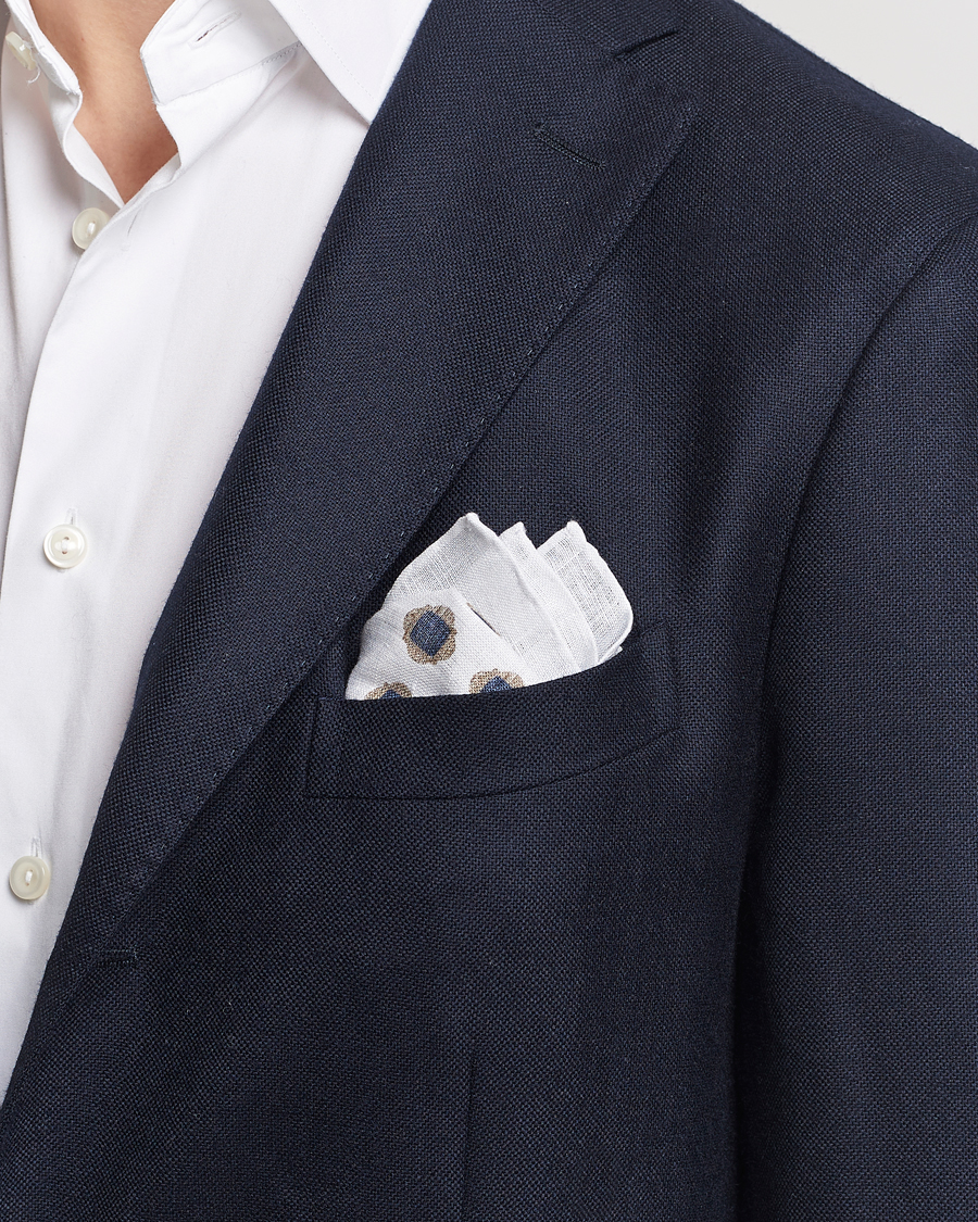 Men | Business Casual | Amanda Christensen | Linen Printed Medallion Pocket Square White
