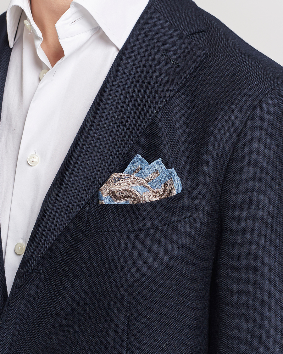Homme | Pochettes De Costume | Amanda Christensen | Linen Printed Large Paisley Pocket Square Blue