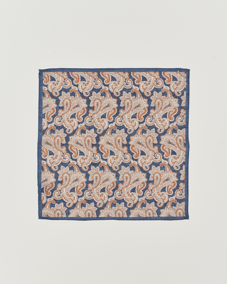 Homme | Amanda Christensen Linen Printed Large Paisley Pocket Square Navy | Amanda Christensen | Linen Printed Large Paisley Pocket Square Navy
