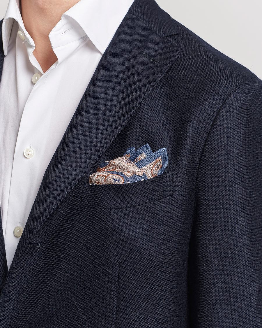 Homme | Pochettes De Costume | Amanda Christensen | Linen Printed Large Paisley Pocket Square Navy