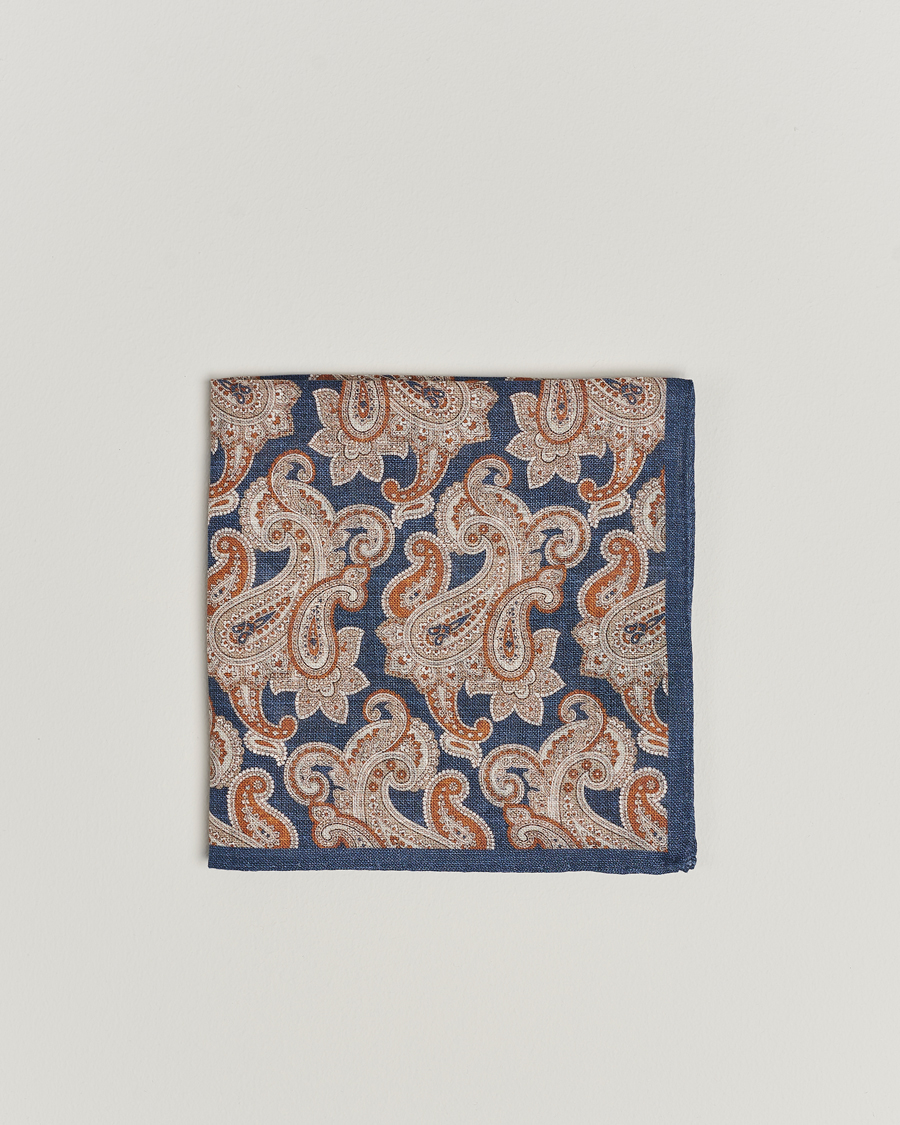 Homme | Amanda Christensen Linen Printed Large Paisley Pocket Square Navy | Amanda Christensen | Linen Printed Large Paisley Pocket Square Navy