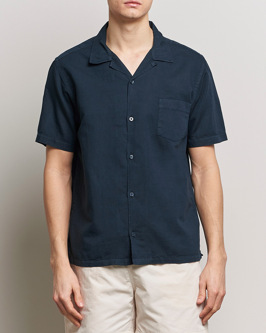 Men | Linen Shirts | Colorful Standard | Cotton/Linen Short Sleeve Shirt Navy Blue