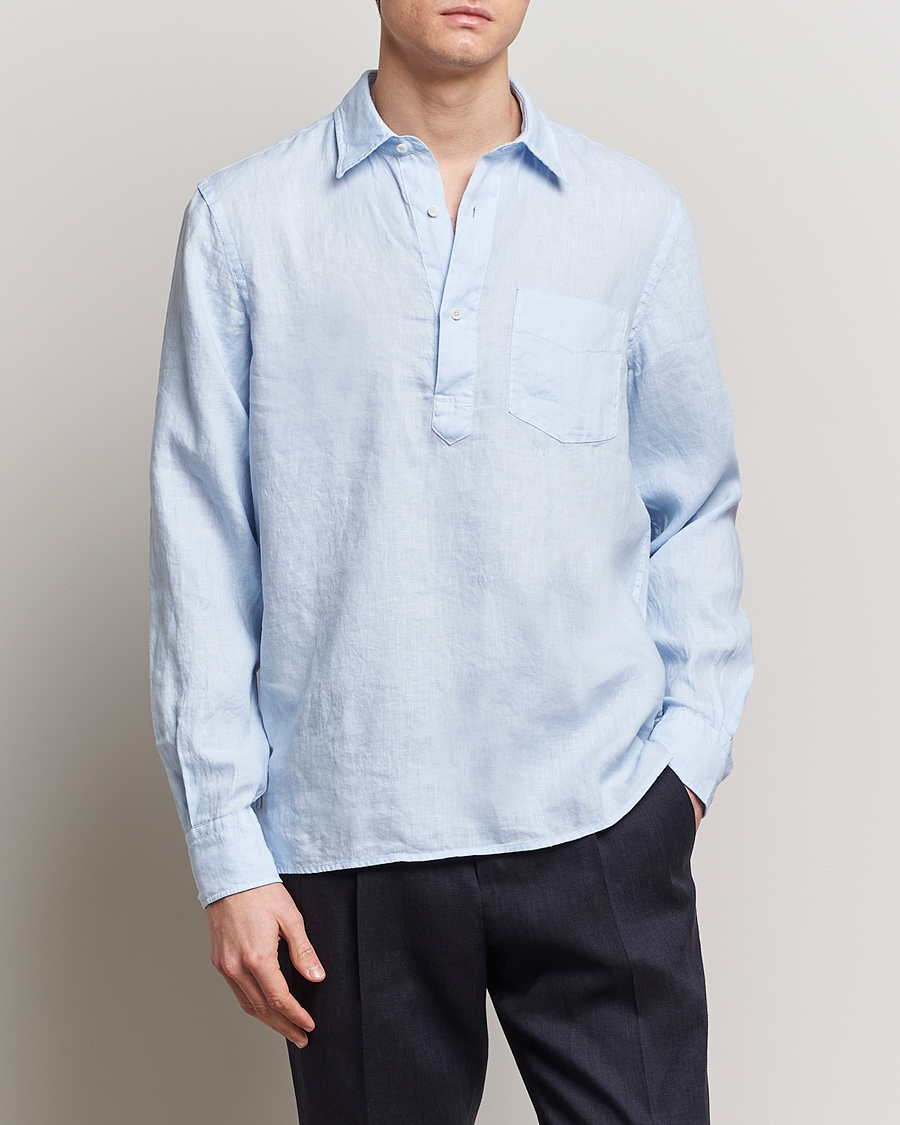 Homme | Chemises En Lin | Aspesi | Linen Popover Shirt Light Blue