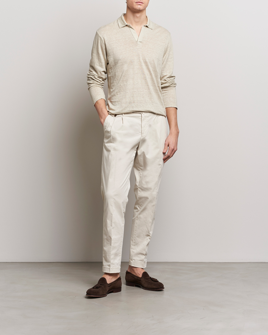 Homme | Pulls Et Tricots | Gran Sasso | Washed Linen Long Sleeve Polo Beige Melange