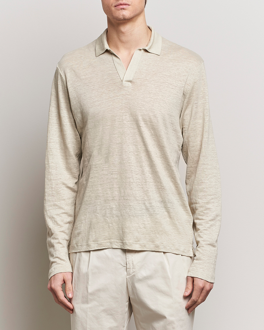 Homme | Polos À Manches Longues | Gran Sasso | Washed Linen Long Sleeve Polo Beige Melange