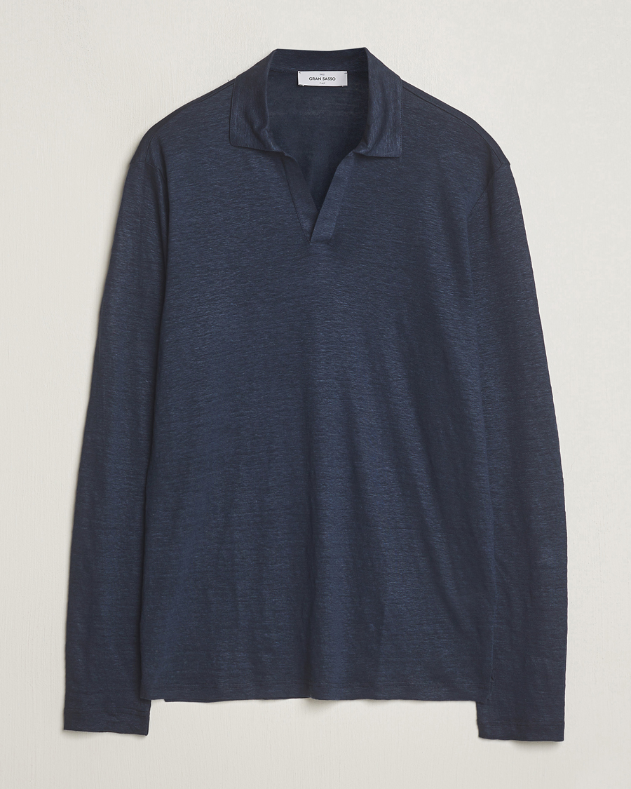 Homme | Pulls Et Tricots | Gran Sasso | Washed Linen Long Sleeve Polo Navy