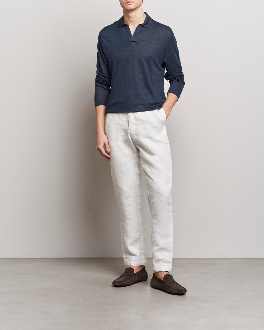 Homme | Pulls Et Tricots | Gran Sasso | Washed Linen Long Sleeve Polo Navy