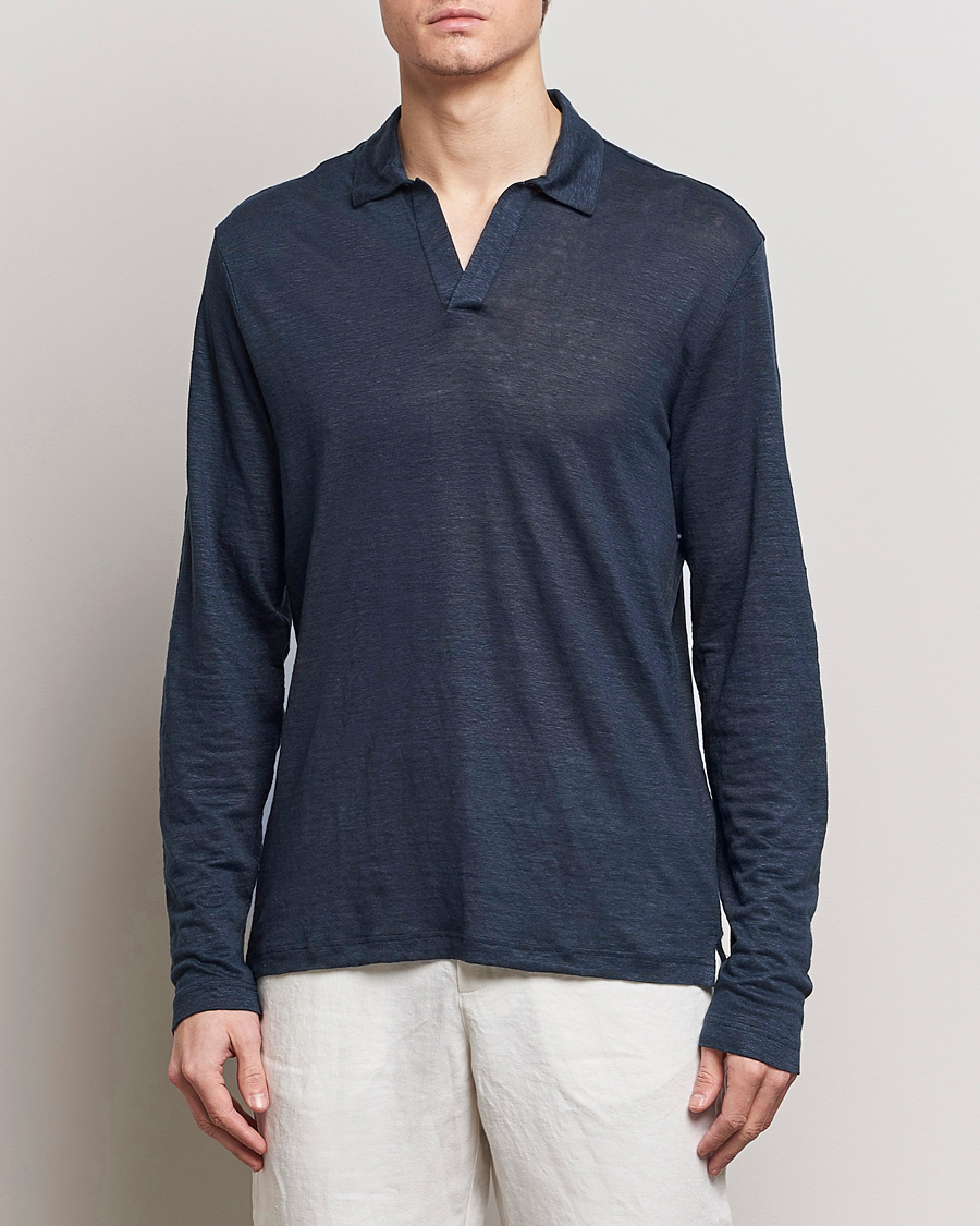 Homme | Polos À Manches Longues | Gran Sasso | Washed Linen Long Sleeve Polo Navy