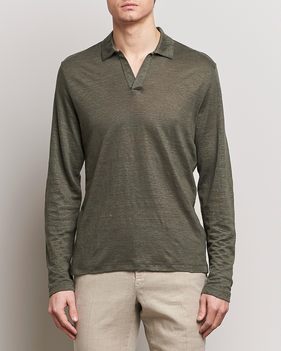 Homme | Polos | Gran Sasso | Washed Linen Long Sleeve Polo Dark Green Melange
