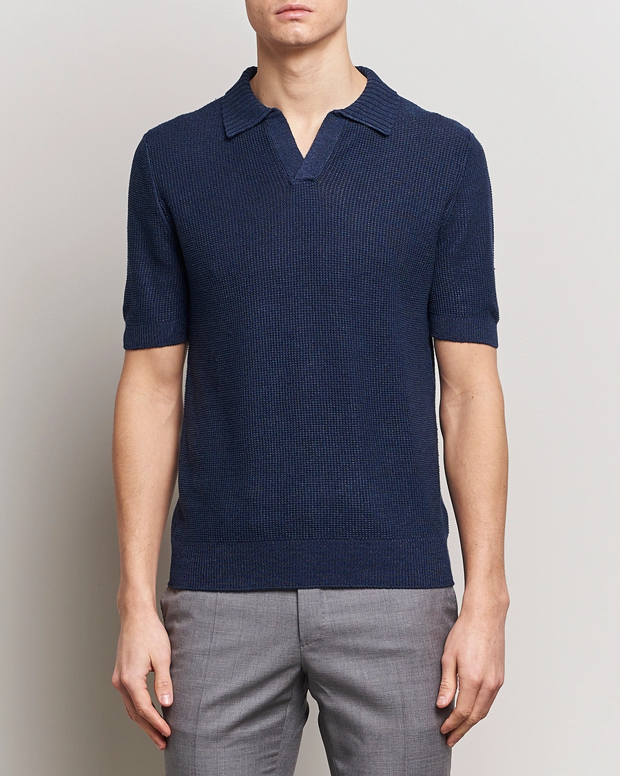 Homme | Polos | Gran Sasso | Linen/Cotton Open Collar Polo Navy