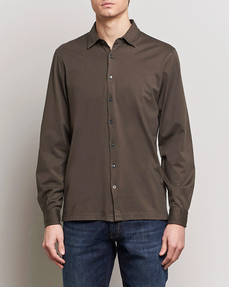 Homme | Polos | Gran Sasso | Washed Cotton Jersey Shirt Dark Brown