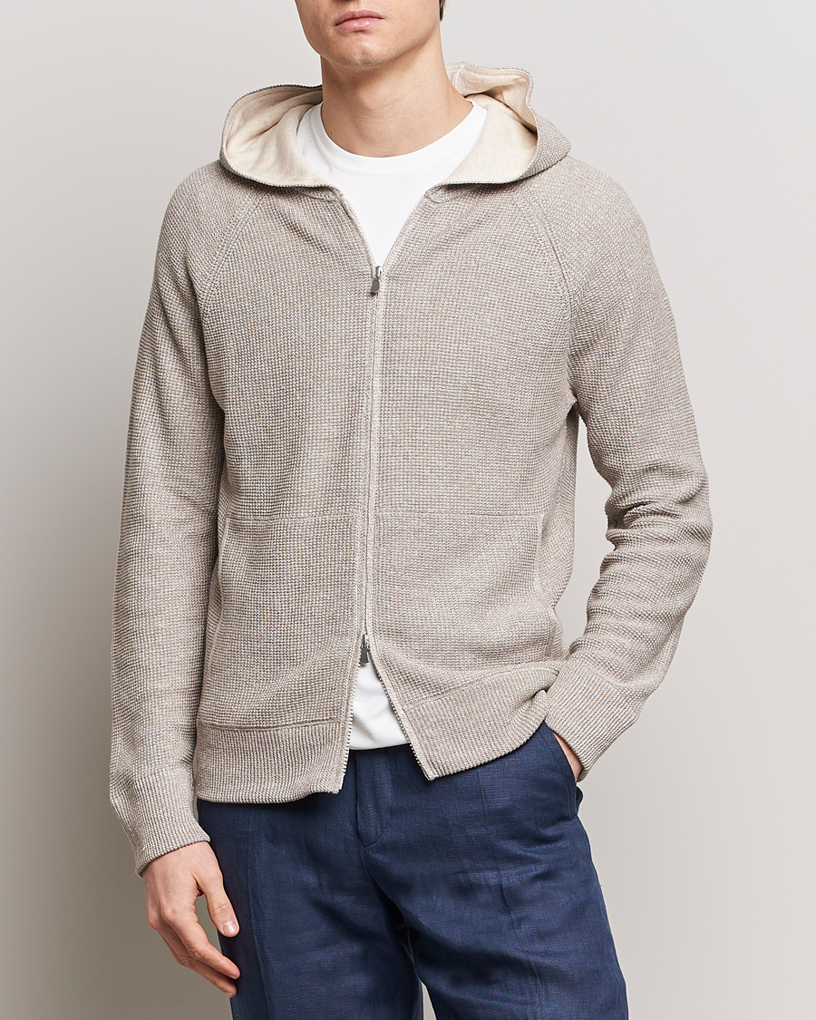 Homme | Sweat-Shirts À Capuche | Gran Sasso | Linen/Cotton Knitted Hooded Full Zip Beige Melange