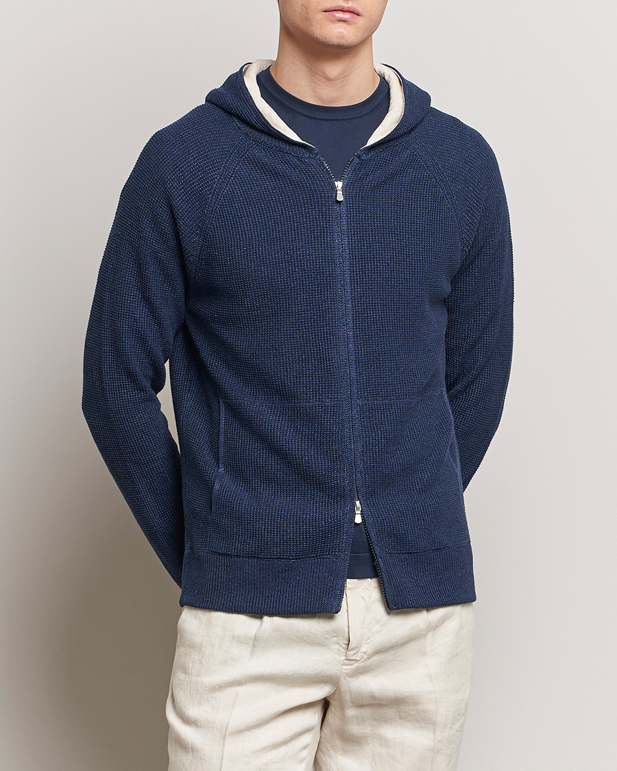 Homme |  | Gran Sasso | Linen/Cotton Knitted Hooded Full Zip Navy