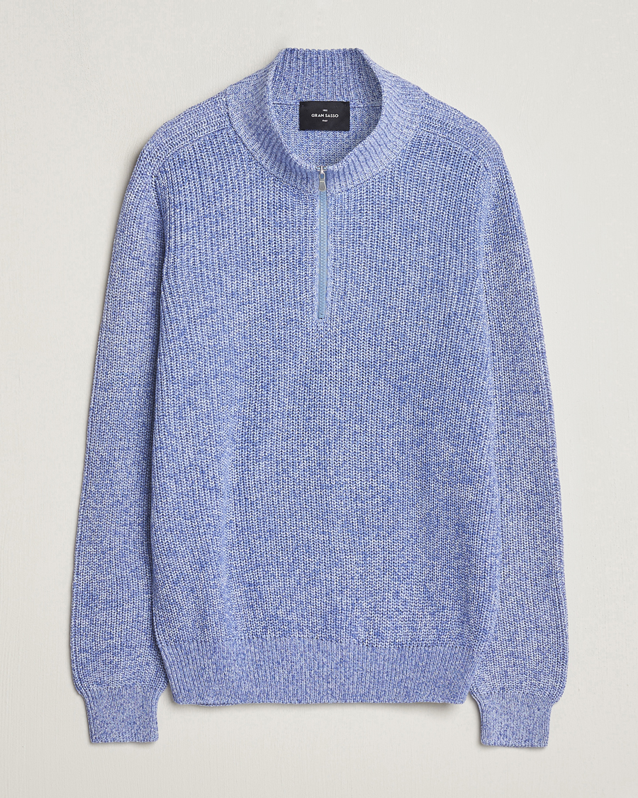 Homme | Pulls Et Tricots | Gran Sasso | Cotton Heavy Knitted Half Zip Blue Melange