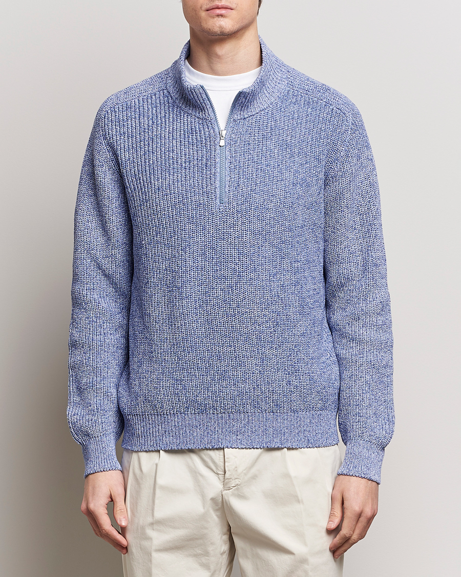Homme | Half-zip | Gran Sasso | Cotton Heavy Knitted Half Zip Blue Melange