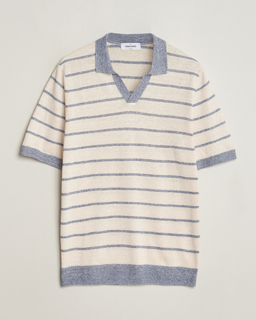 Homme | Polos | Gran Sasso | Linen/Cotton Knitted Striped Open Collar Polo Cream/Blue