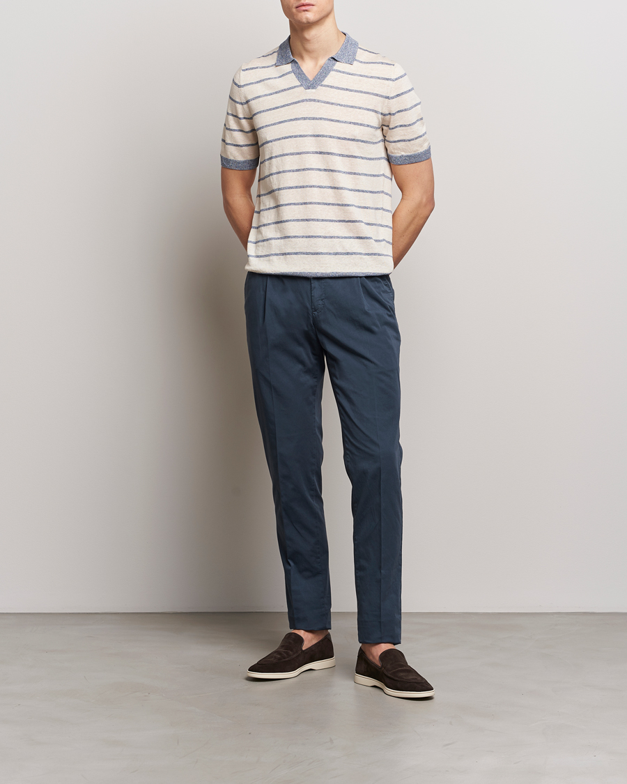 Homme | Polos | Gran Sasso | Linen/Cotton Knitted Striped Open Collar Polo Cream/Blue