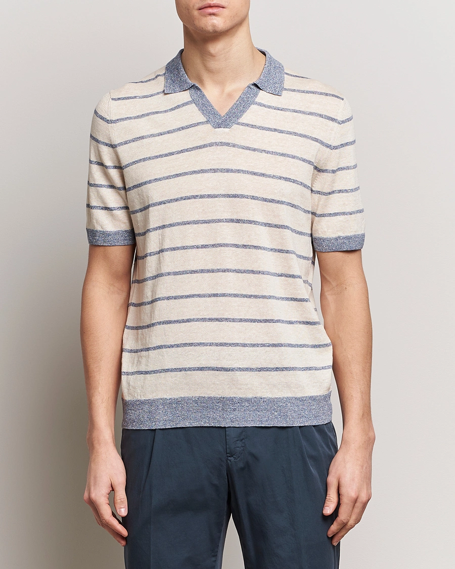 Homme | Polos | Gran Sasso | Linen/Cotton Knitted Striped Open Collar Polo Cream/Blue