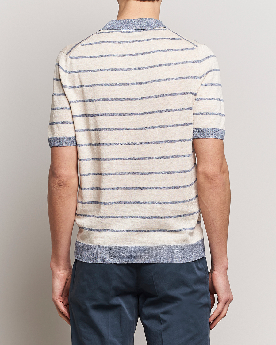 Homme | Polos | Gran Sasso | Linen/Cotton Knitted Striped Open Collar Polo Cream/Blue