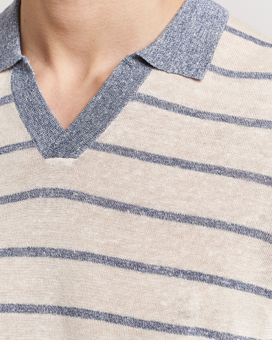 Homme | Polos | Gran Sasso | Linen/Cotton Knitted Striped Open Collar Polo Cream/Blue