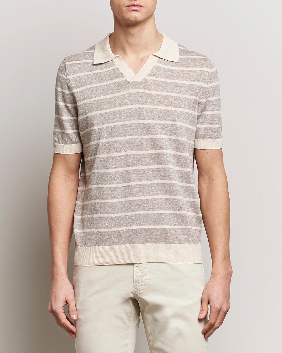 Homme | Polos | Gran Sasso | Linen/Cotton Knitted Striped Open Collar Polo Beige/Cream