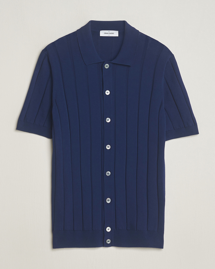 Homme | Chemises | Gran Sasso | Cotton Structured Knitted Short Sleeve Shirt Light Navy