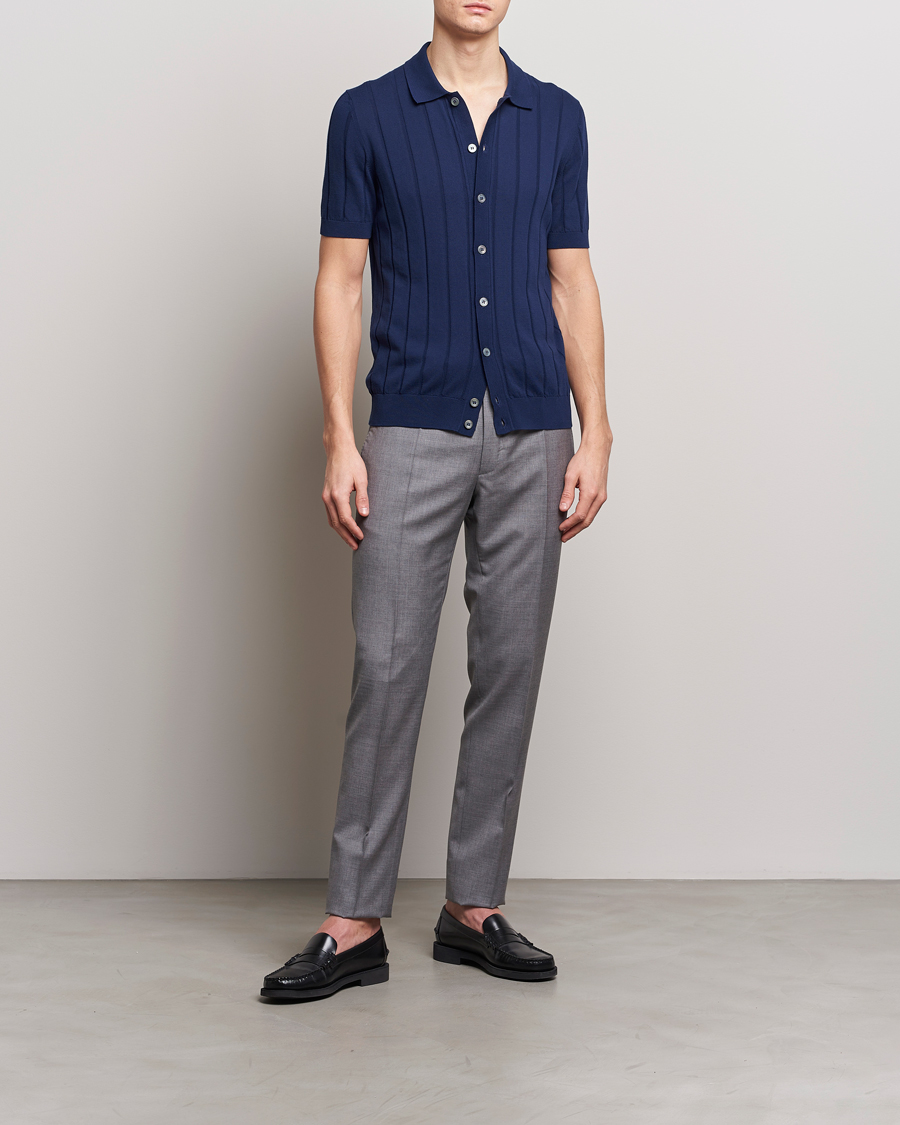 Homme | Chemises | Gran Sasso | Cotton Structured Knitted Short Sleeve Shirt Light Navy