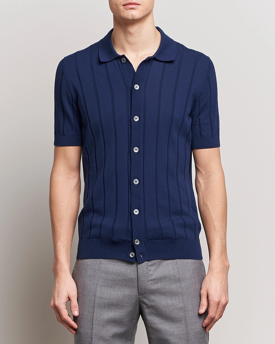Homme | Chemises | Gran Sasso | Cotton Structured Knitted Short Sleeve Shirt Light Navy