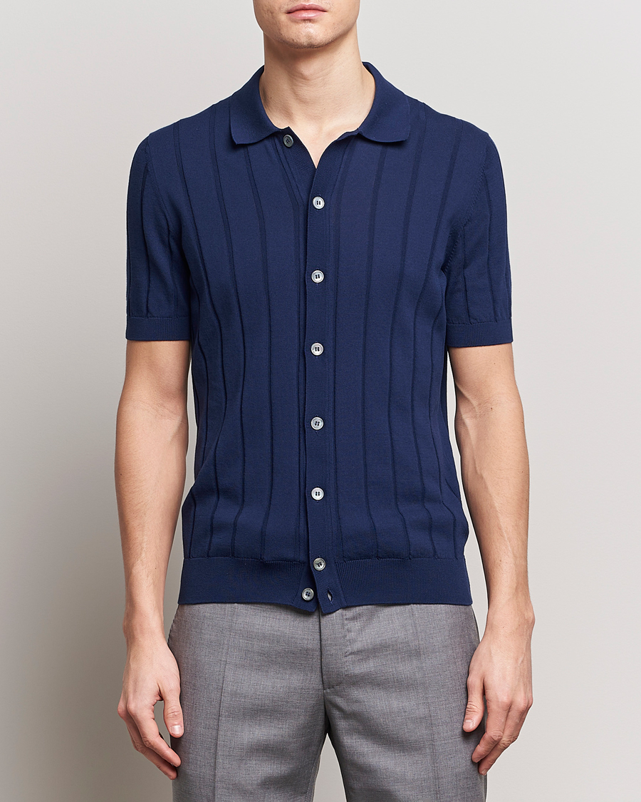 Homme | Chemises | Gran Sasso | Cotton Structured Knitted Short Sleeve Shirt Light Navy