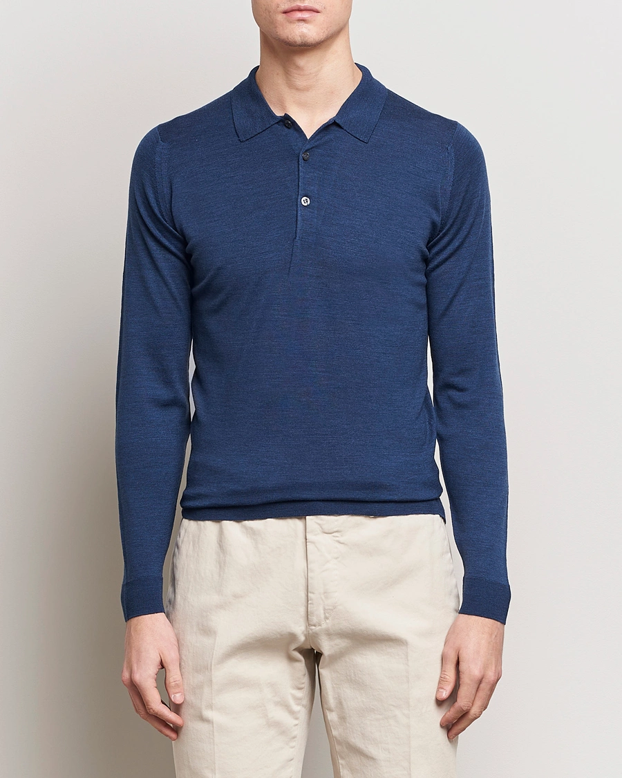 Men | Knitted Polo Shirts | John Smedley | Belper Extra Fine Merino Polo Pullover Indigo