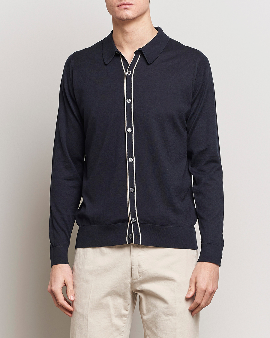 Homme | Best of British | John Smedley | Shadow Tipped Sea Island Cotton Cardigan Navy