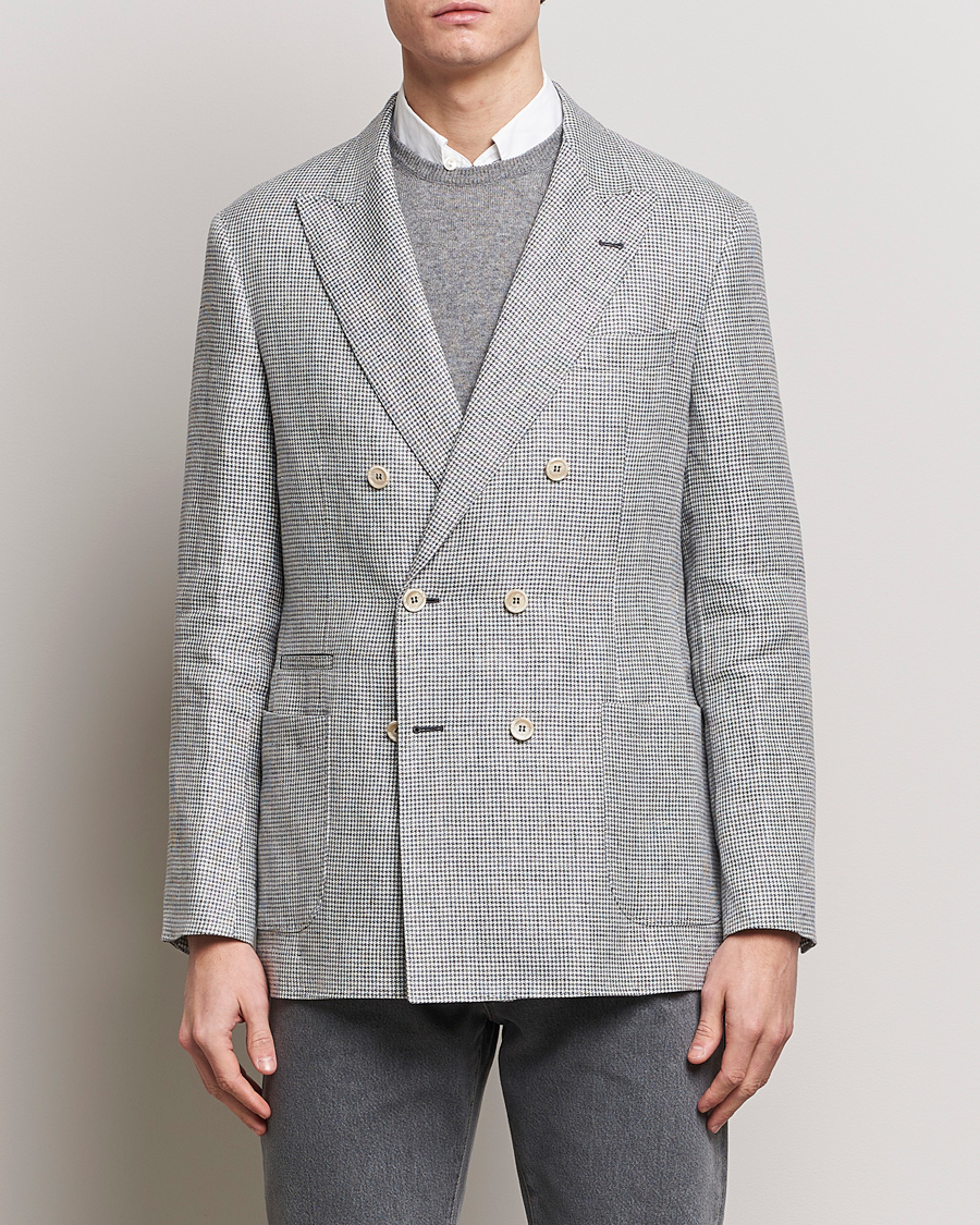 Homme | Italian Department | Brunello Cucinelli | Double Breasted Houndstooth Blazer Light Grey