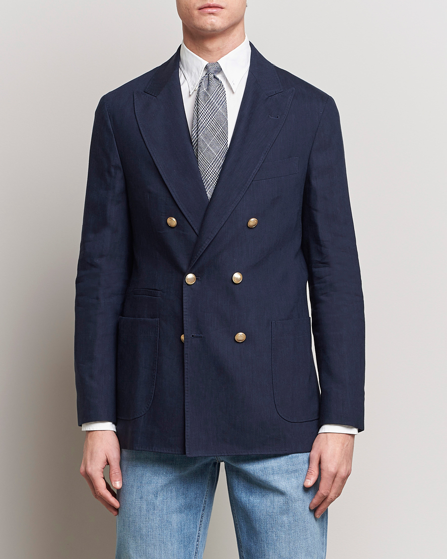 Homme | Italian Department | Brunello Cucinelli | Double Breasted Wool/Linen Blazer  Navy