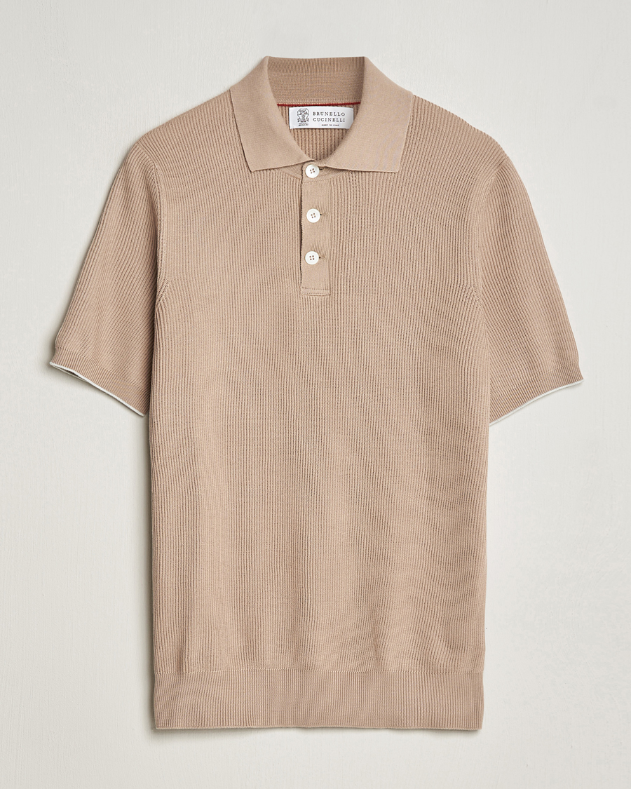 Homme | Polos | Brunello Cucinelli | Rib Stitch Knitted Polo Beige