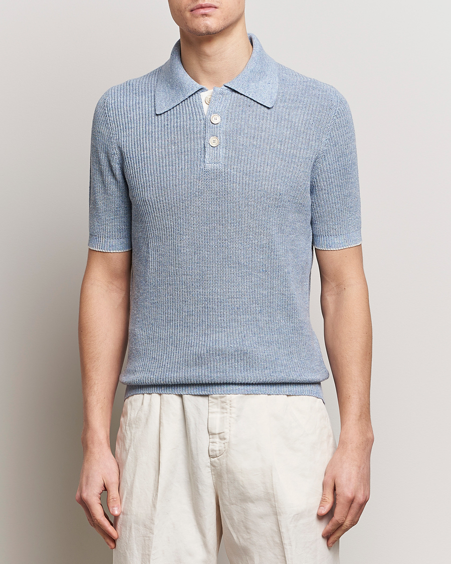 Homme | Polos | Brunello Cucinelli | Cotton/Linen Rib Knitted Polo Light Blue
