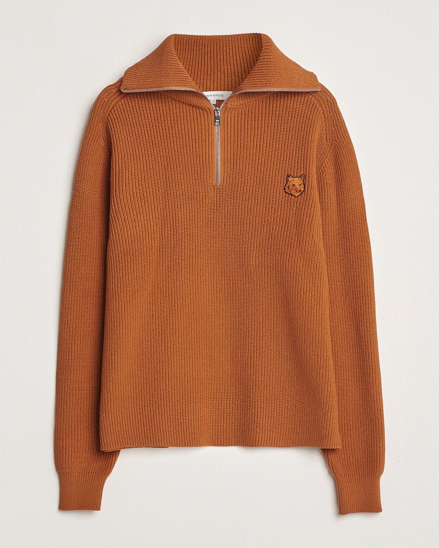 Homme | Pulls Et Tricots | Maison Kitsuné | Tonal Fox Head Ribbed Half Zip Tobacco