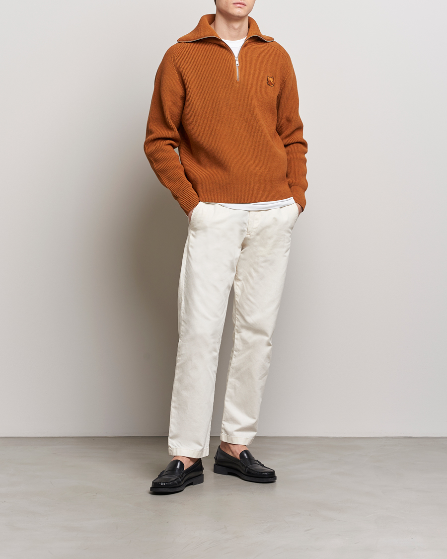 Homme | Pulls Et Tricots | Maison Kitsuné | Tonal Fox Head Ribbed Half Zip Tobacco
