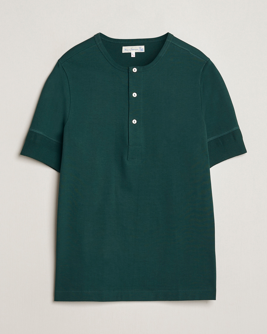 Homme | T-shirts | Merz b. Schwanen | Short Sleeve Organic Cotton Henley Classic Green