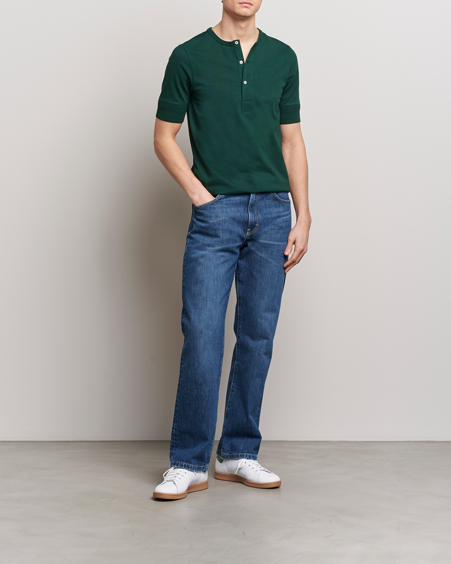 Homme | T-shirts | Merz b. Schwanen | Short Sleeve Organic Cotton Henley Classic Green