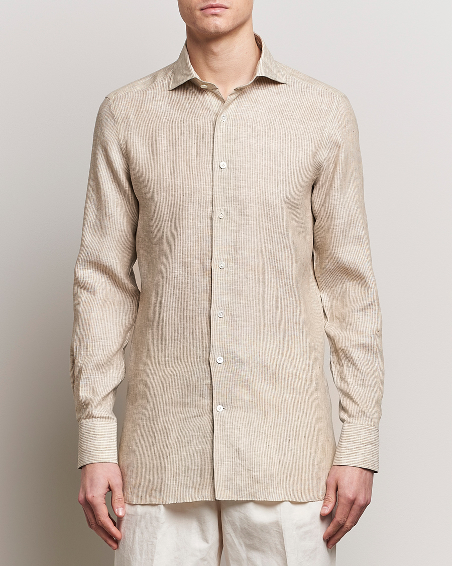 Homme | Chemises | 100Hands | Striped Linen Shirt Brown