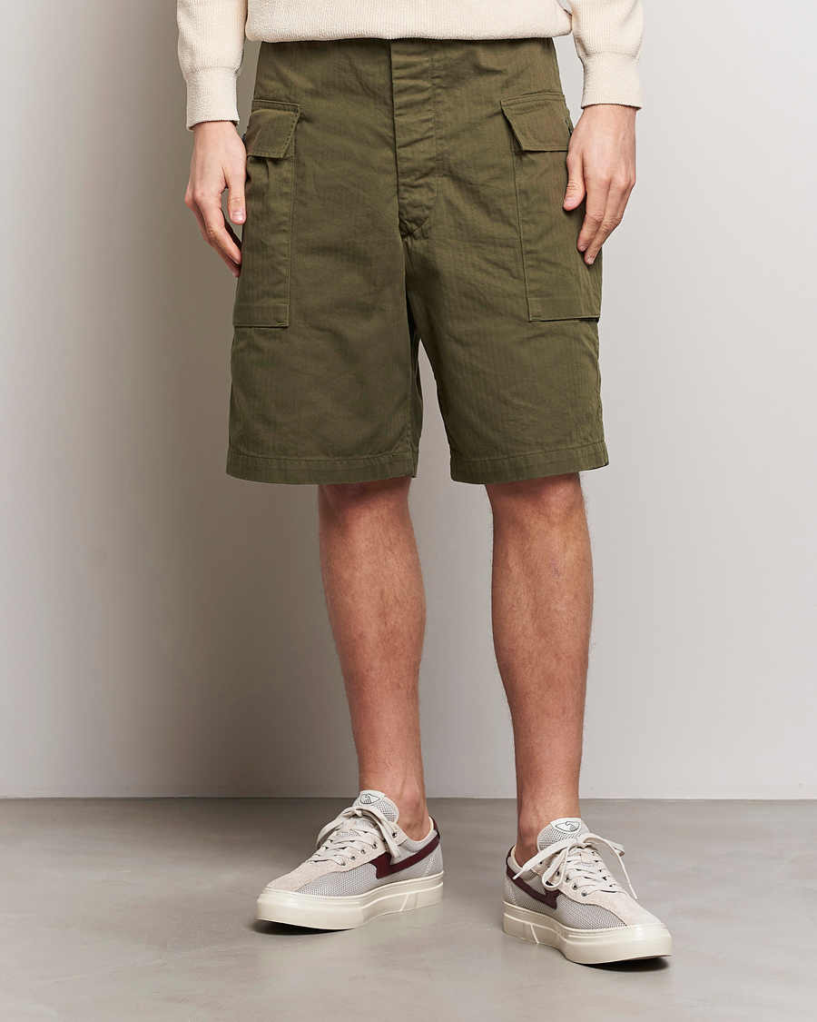 Homme | Sections | orSlow | Herringbone Cotton Cargo Short Army Green
