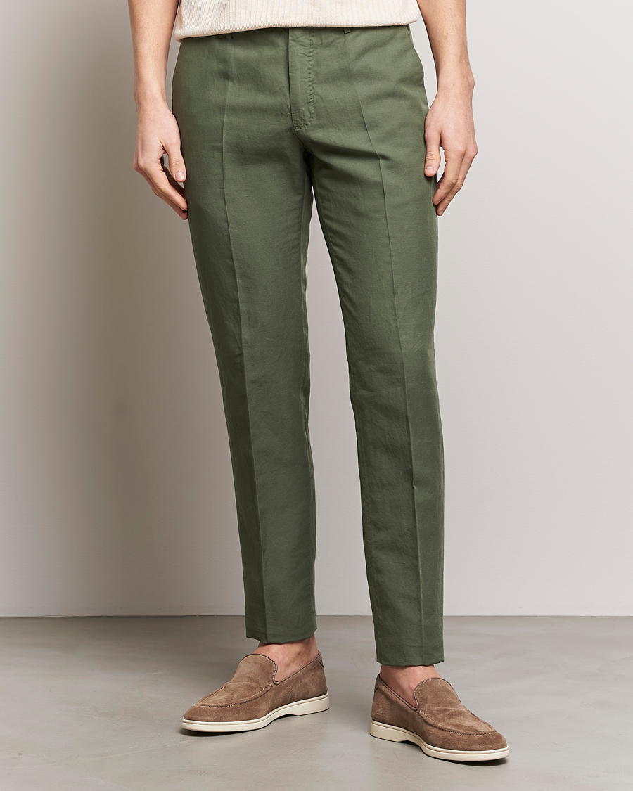 Homme | Pantalons En Lin | Incotex | Slim Fit Chinolino Trousers Dark Green
