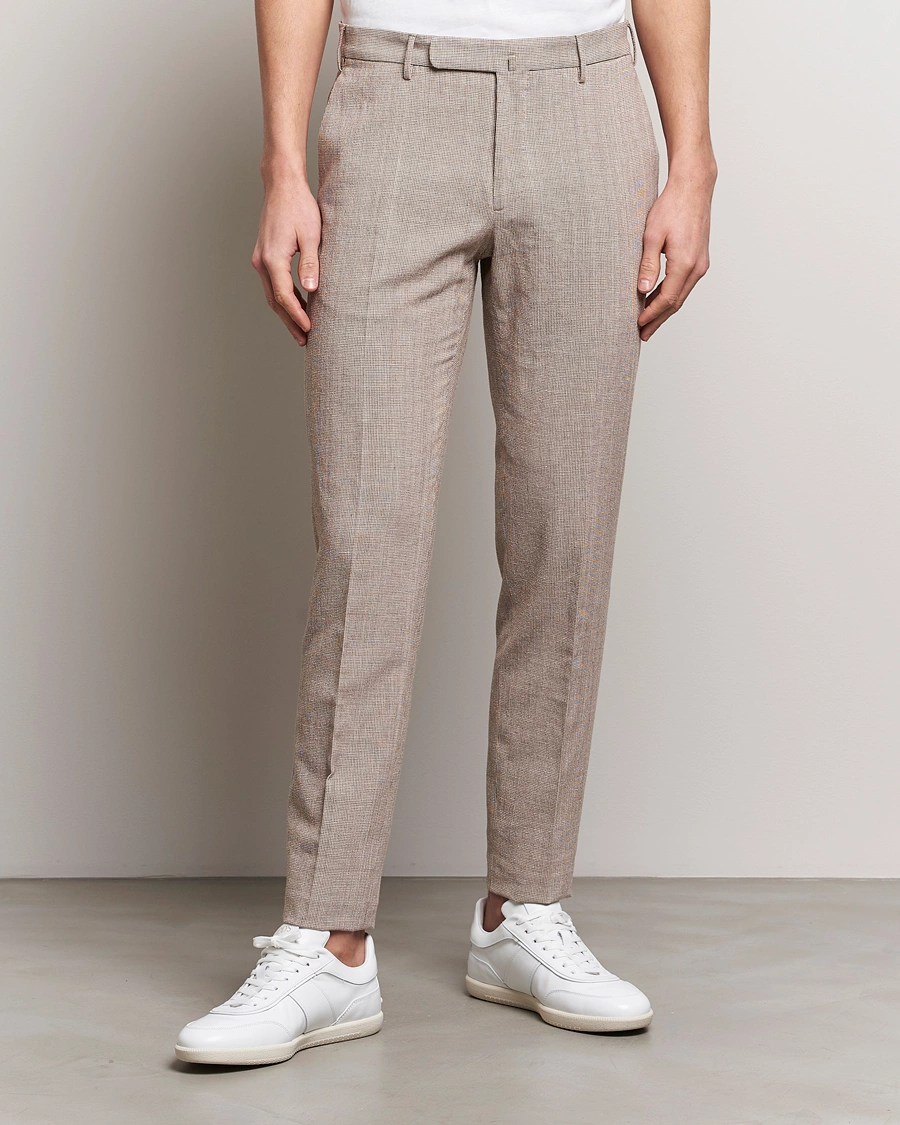 Homme | Italian Department | Incotex | Slim Fit Cotton/Linen Micro Houndstooth Trousers Beige