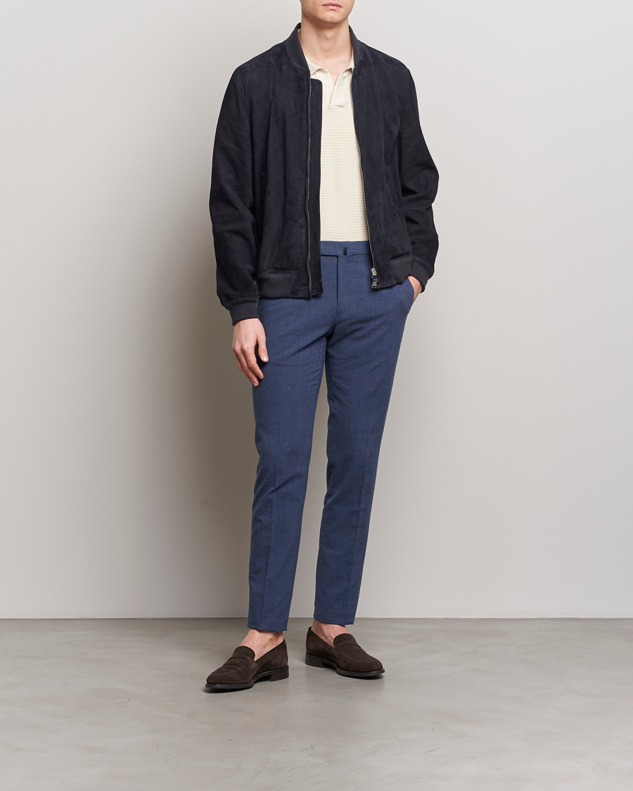 Homme | Pantalons | Incotex | Slim Fit Cotton/Linen Micro Houndstooth Trousers Dark Blue