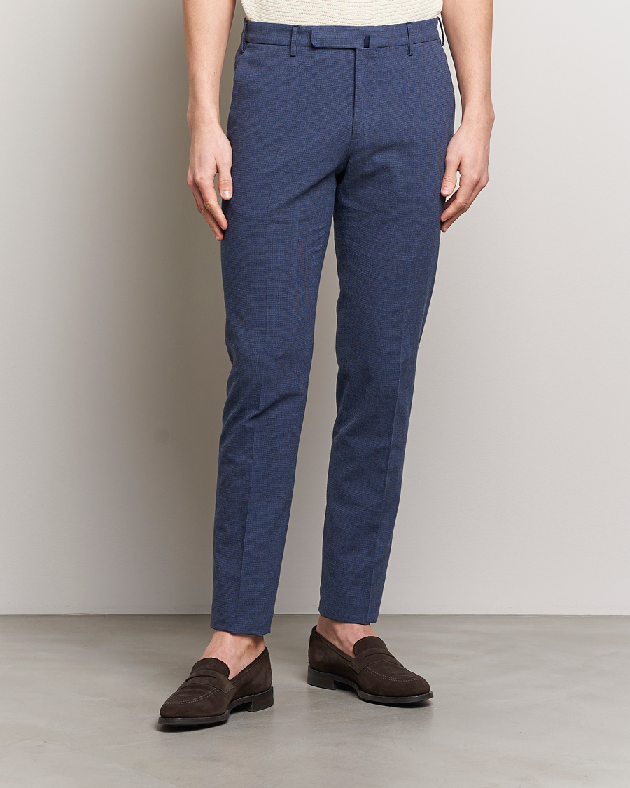 Homme | Slowear | Incotex | Slim Fit Cotton/Linen Micro Houndstooth Trousers Dark Blue