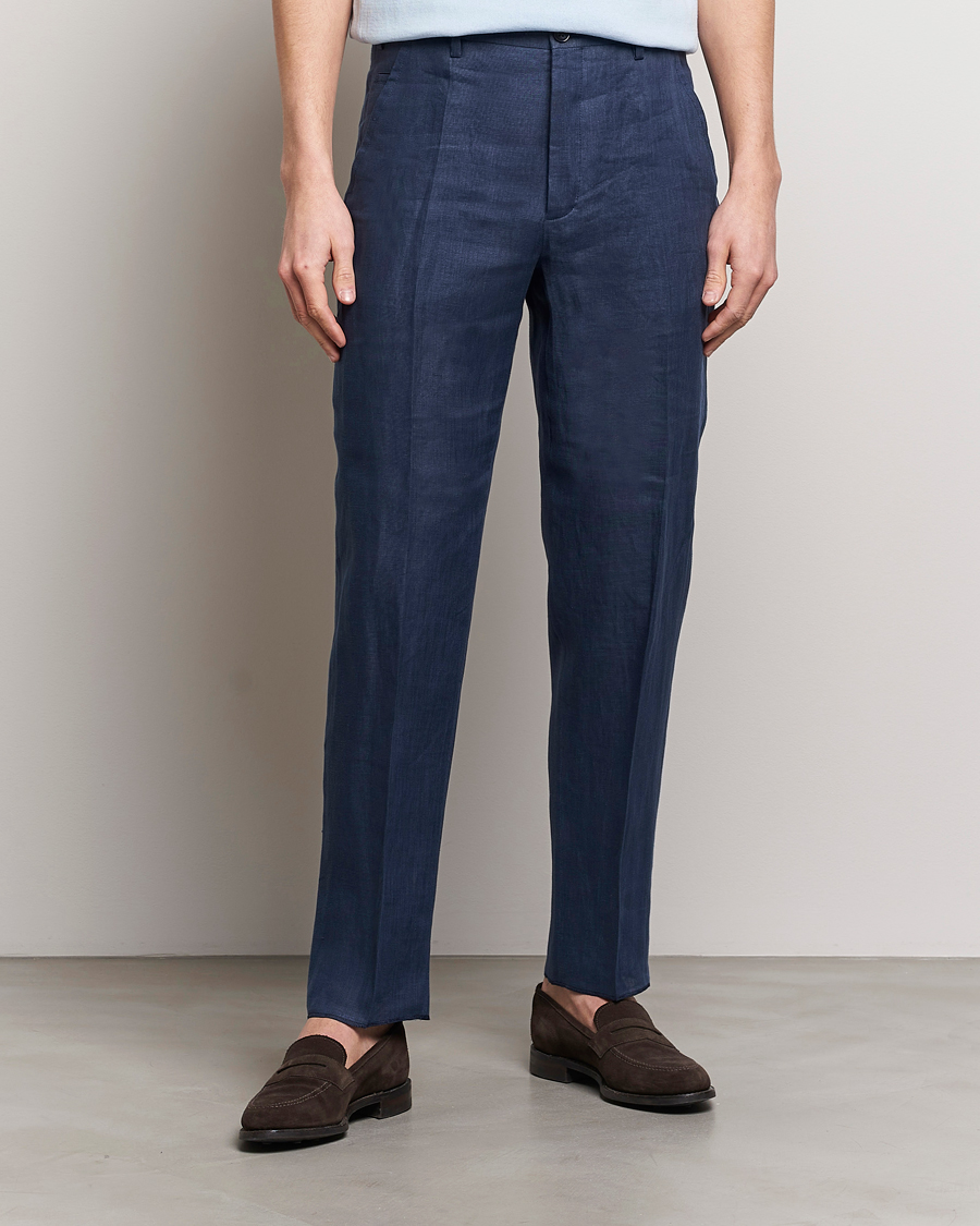 Homme | Pantalons En Lin | Incotex | Straight Fit Pure Linen Trousers Navy